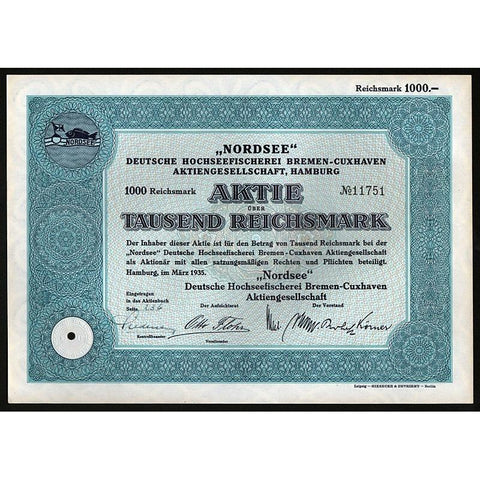 "Nordsee", Deutsche Hochseefischerei Bremen-Cuxhaven Aktiengesellschaft, Hamburg Stock Certificate