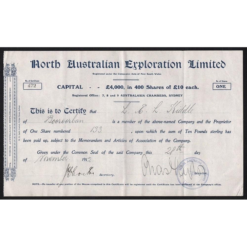 North Australian Exploration Limited Stock Certificate