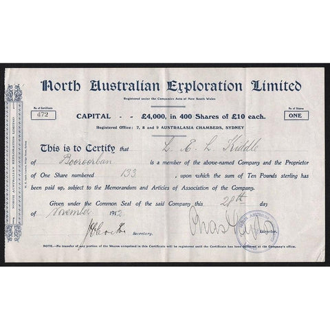 North Australian Exploration Limited Stock Certificate