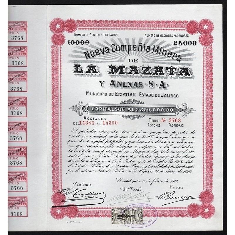 Nueva Compania Minera de La Mazata y Anexas S.A. Stock Certificate