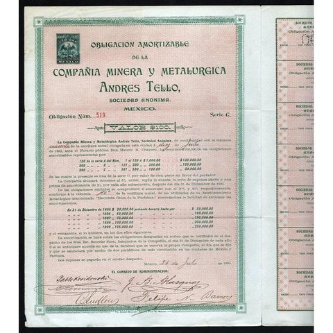 Obligacion Amortizable de la Compania Minera y Metalurgica Andres Tello Stock Certificate
