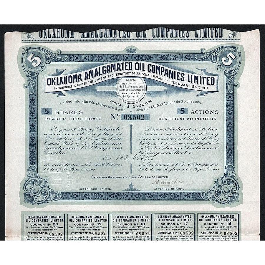 Oklahoma Amalgamated Oil Companies Limited Stock Certificate