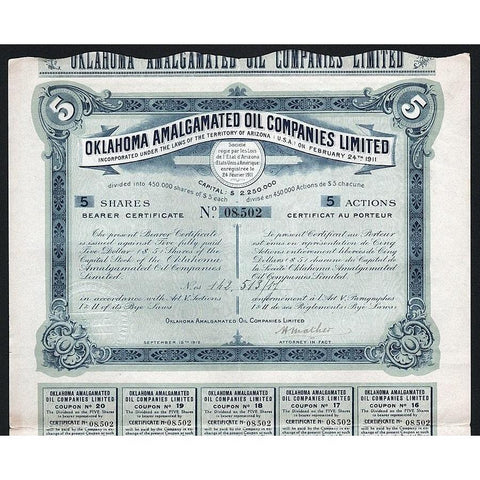 Oklahoma Amalgamated Oil Companies Limited Stock Certificate