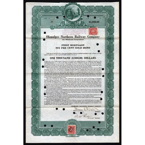 Okmulgee Northern Railway Company Stock Certificate