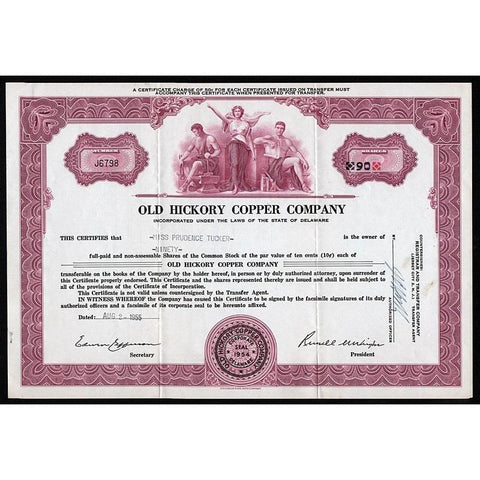 Old Hickory Copper Company Stock Certificate