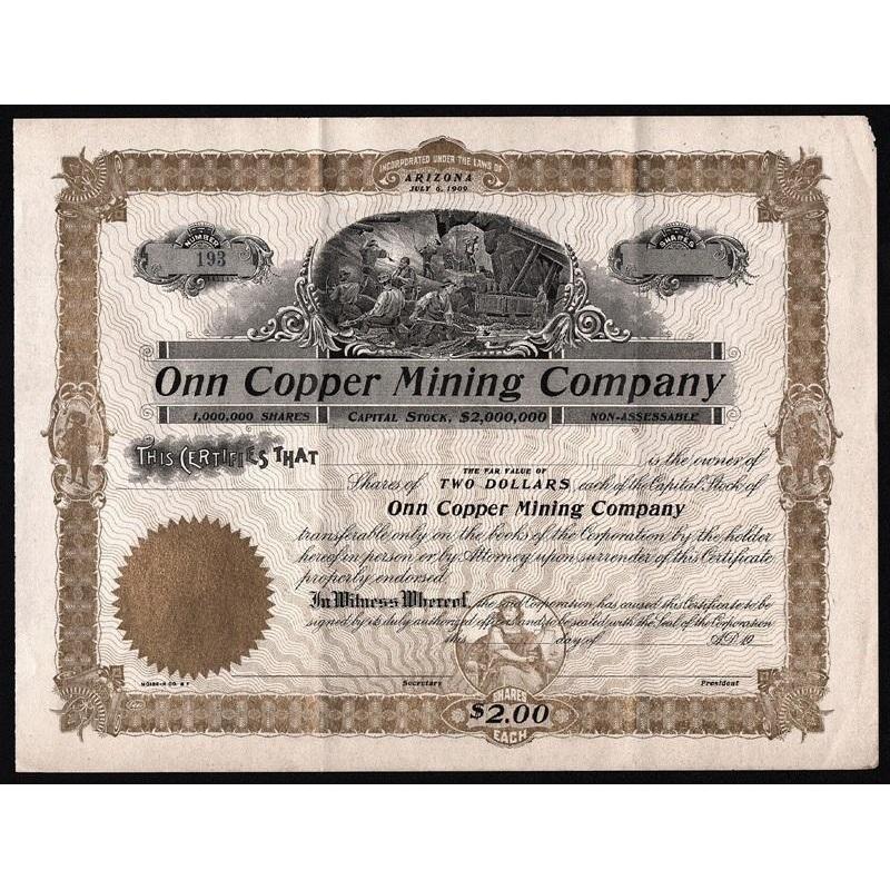 Onn Copper Mining Company Stock Certificate
