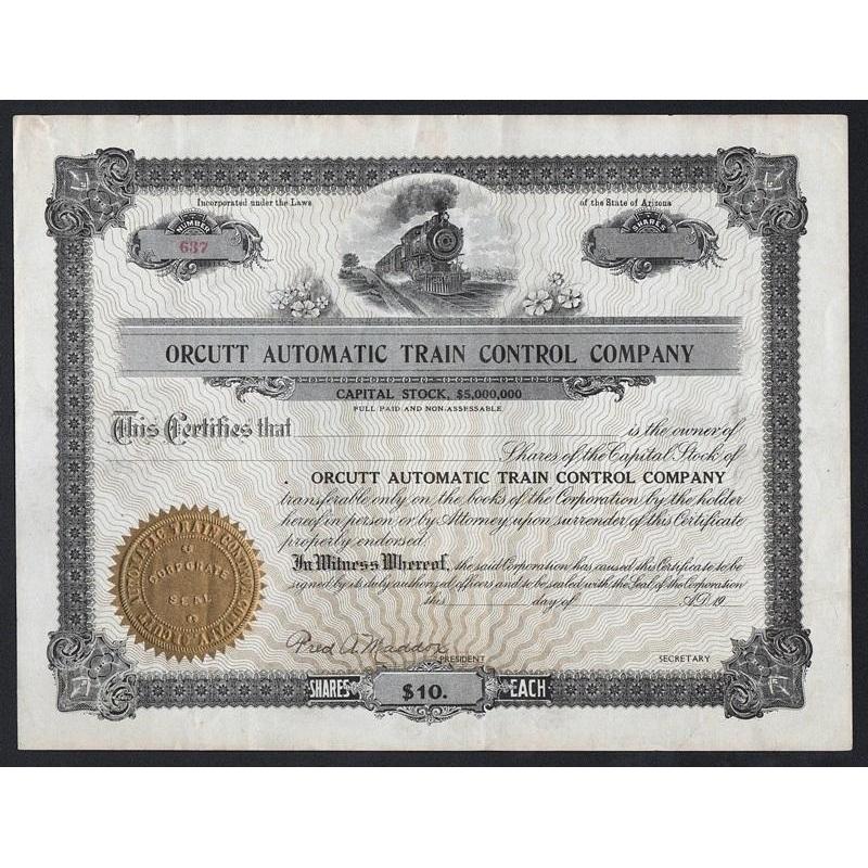 Orcutt Automatic Train Control Company Stock Certificate