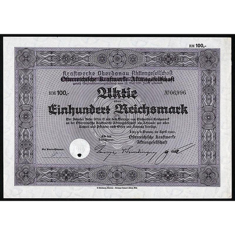 Österreichische Kraftwerke Aktiengesellschaft (Kraftwerke Oberdonau) Stock Certificate