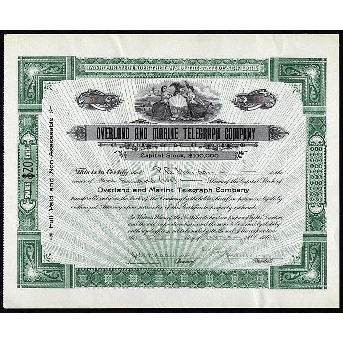 Overland and Marine Telegraph Company Stock Certificate