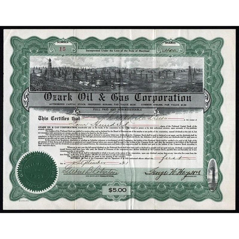 Ozark Oil & Gas Corporation Stock Certificate