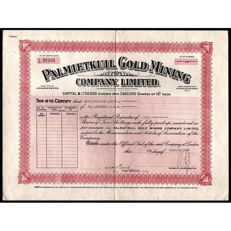 Palmietkuil Gold Mining Company, Limted Stock Certificate