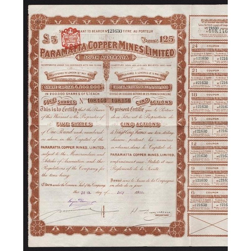 Paramatta Copper Mines Limited, South Australia Stock Certificate