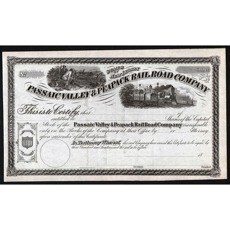 Passaic Valley & Peapack Rail Road Company Stock Certificate