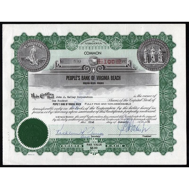People's Bank of Virginia Beach (Virginia Beach, Virginia) Stock Certificate
