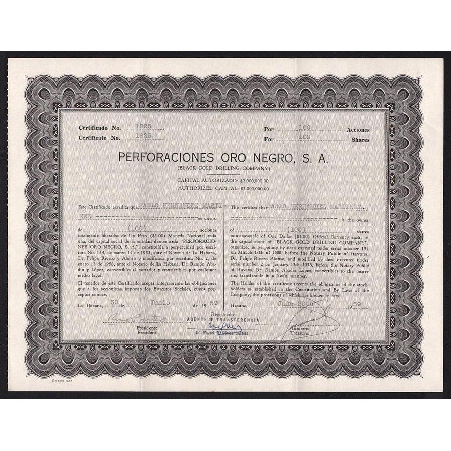 Perforaciones Oro Negro, S.A. (Black Gold Drilling Company) Stock Certificate