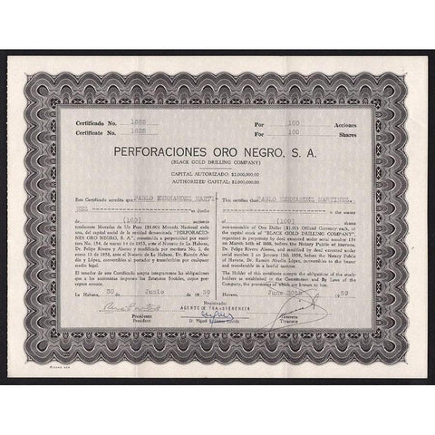 Perforaciones Oro Negro, S.A. (Black Gold Drilling Company) Stock Certificate
