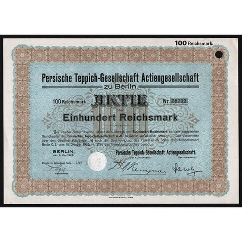 Persische Teppich-Gesellschaft Actiengesellschaft zu Berlin Stock Certificate