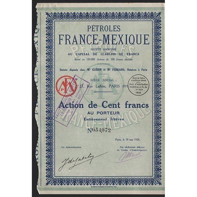 Petroles France-Mexique Societe Anonyme Stock Certificate