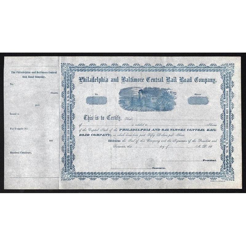 Philadelphia and Baltimore Central Rail Road Company Stock Certificate