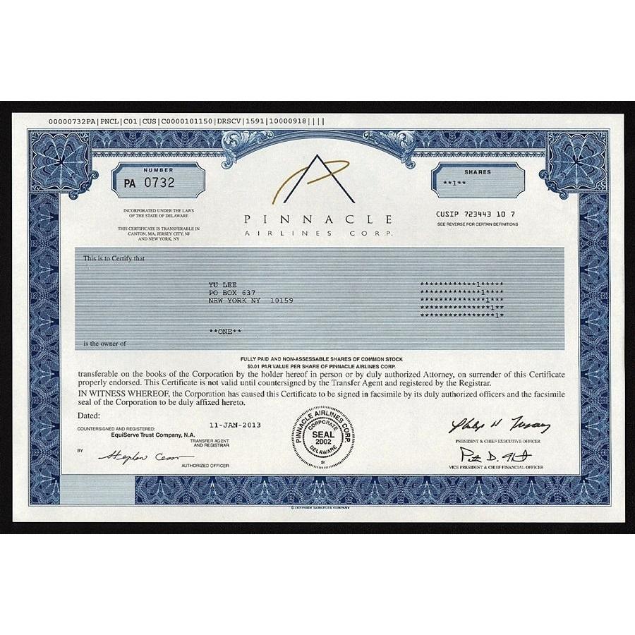 Pinnacle Airlines Corp. Stock Certificate