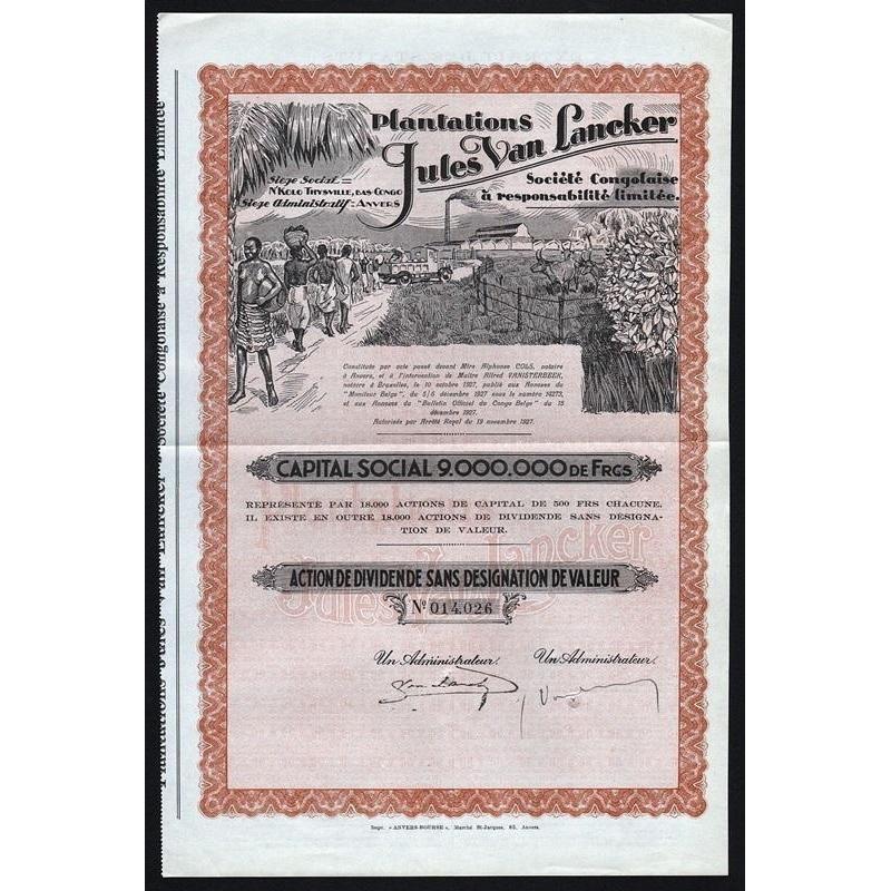 Plantations Jules Van Lancker Societe Congolaise Stock Certificate