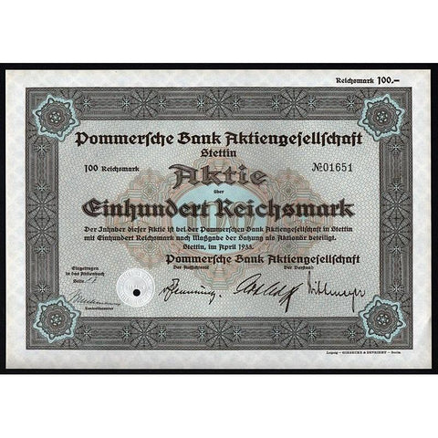 Pommersche Bank Aktiengesellschaft, Stettin Stock Certificate