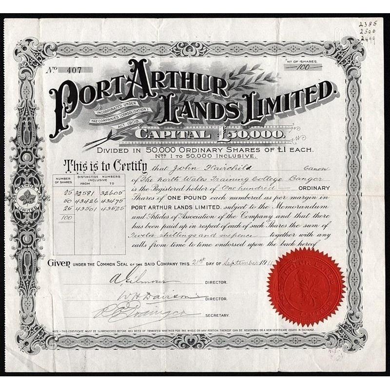 Port Arthur Lands Limited Stock Certificate
