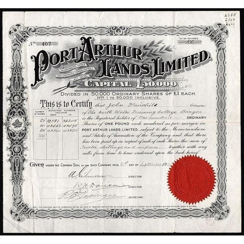 Port Arthur Lands Limited Stock Certificate