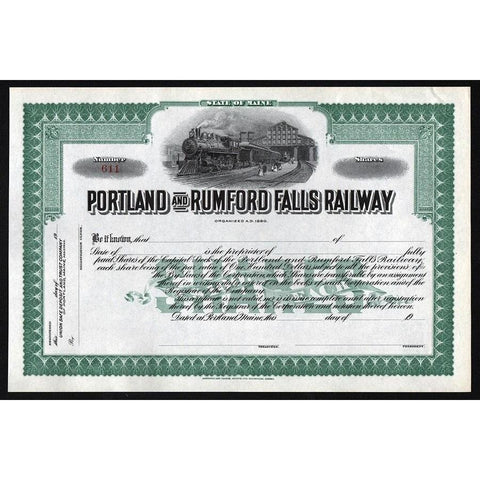 Portland and Rumford Falls Railway Stock Certificate
