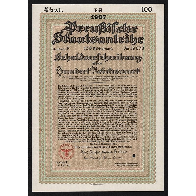 Preußische Staatsanleihe, Schuldverschreibung über Hundert Reichsmark Stock Certificate