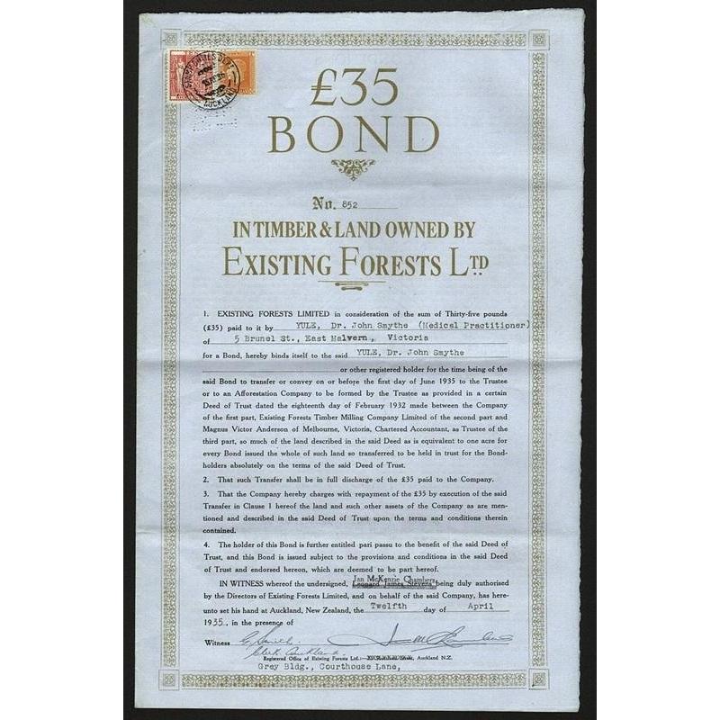 £35 Bond in Timber & Land owned by Existing Forests Ltd. Stock Certificate