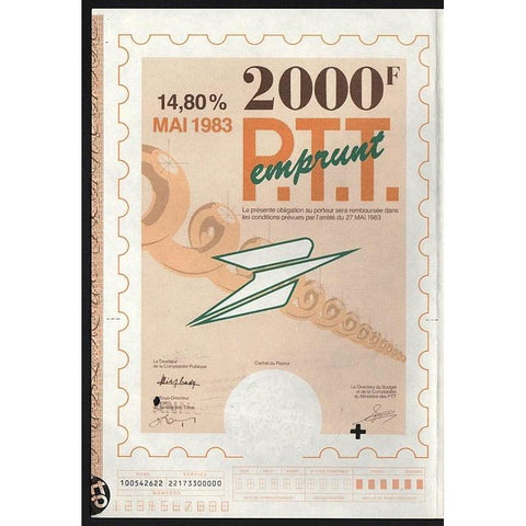 P.T.T. emprunt 2000F Stock Certificate