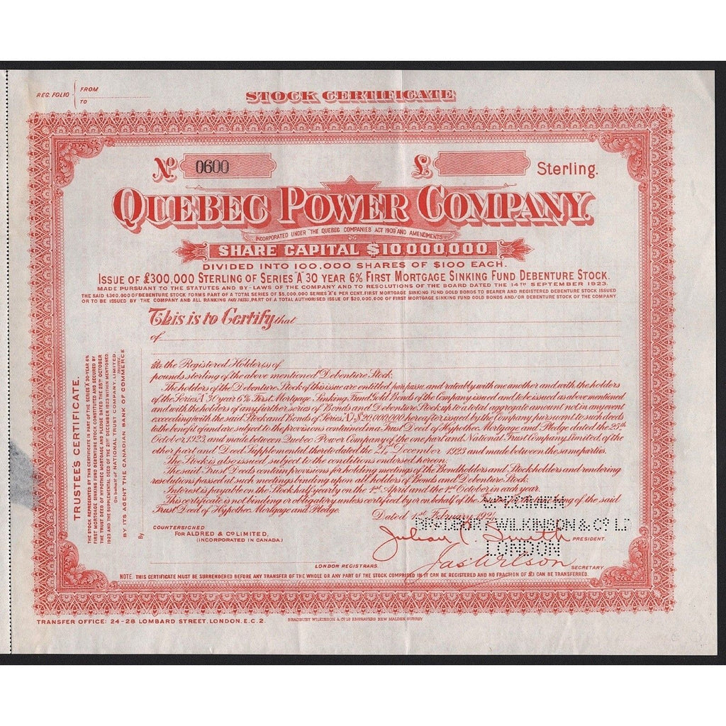 Quebec Power Comapny (Specimen) Stock Certificate