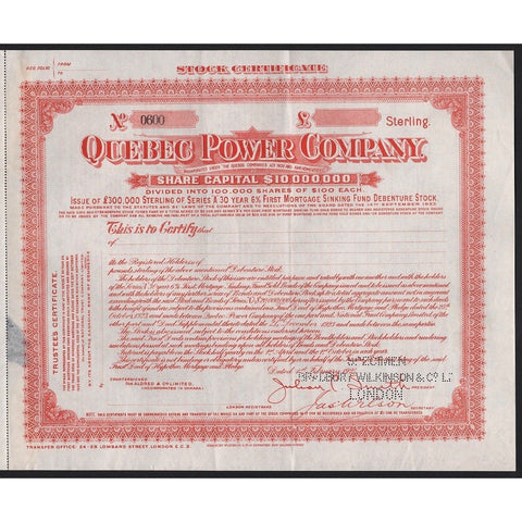 Quebec Power Comapny (Specimen) Stock Certificate