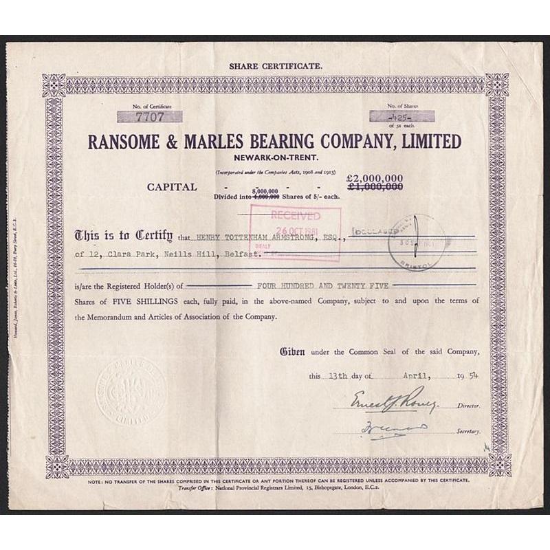 Ransome & Marles Bearing Company Limited (Newark-on-Trent) Stock Certificate
