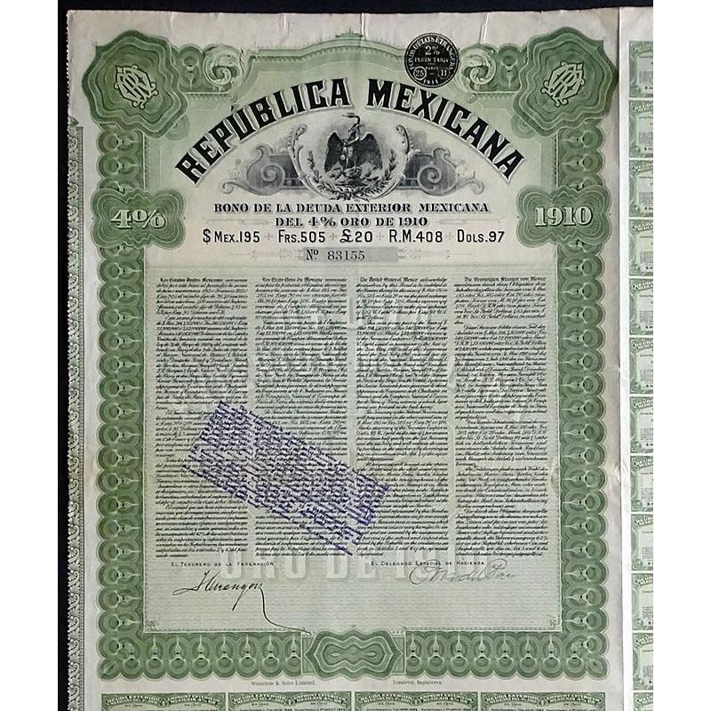 Republica Mexicana: Bono de la Deuda Exterior Mexicana Del 4% Oro de 1910 Stock Certificate