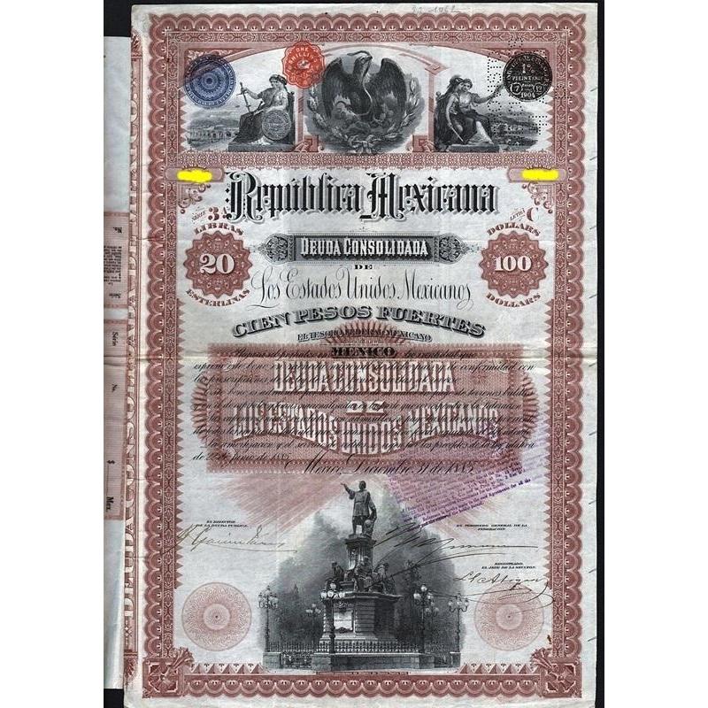 Republica Mexicana, Deuda Consolidada de Los Estados Unidos Mexicanos, Cien Pesos Fuertes Stock Certificate