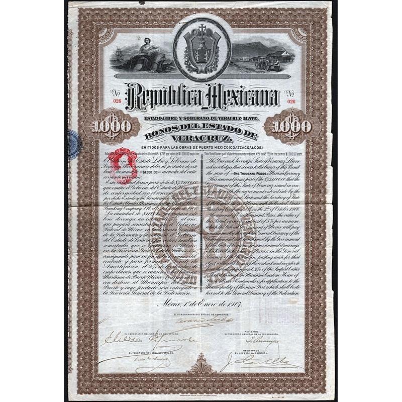 Republica Mexicana, Estado Libre y Soberano de Veracruz Liave Stock Certificate