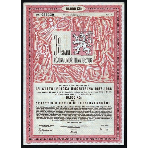 Republika Ceskoslovenska, 3% Statni Pujcka Umoritelna 1957-1986 Stock Certificate