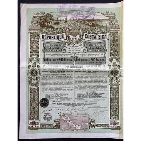 Republique de Costa Rica 1911 Stock  Bond Certificate