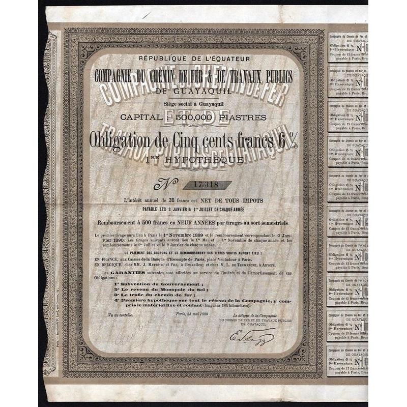 Republique de l'Equateur: Compagnie du Chemin de Fer & de Travaux Publics de Guayaquil Stock Certificate