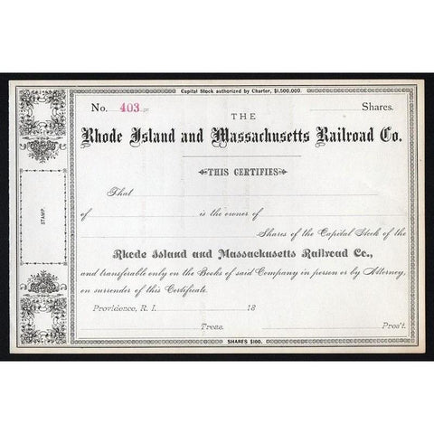 Rhode Island and Massachusetts Railroad Co. Stock Certificate