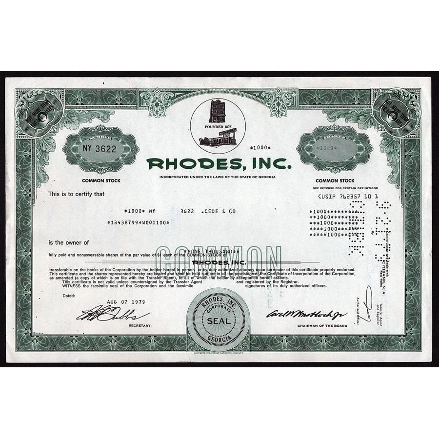Rhodes, Inc. Stock Certificate