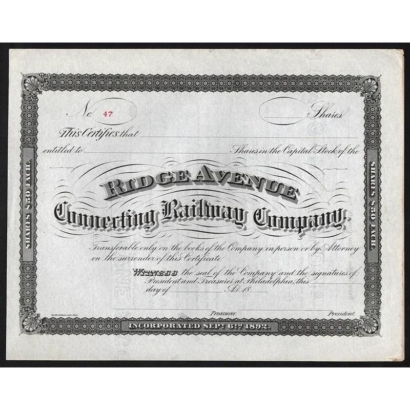 Ridge Avenue Connecting Railway Company Stock Certificate