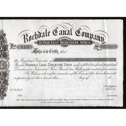Rochdale Canal Company 1800x United Kingdom Stock Certificate