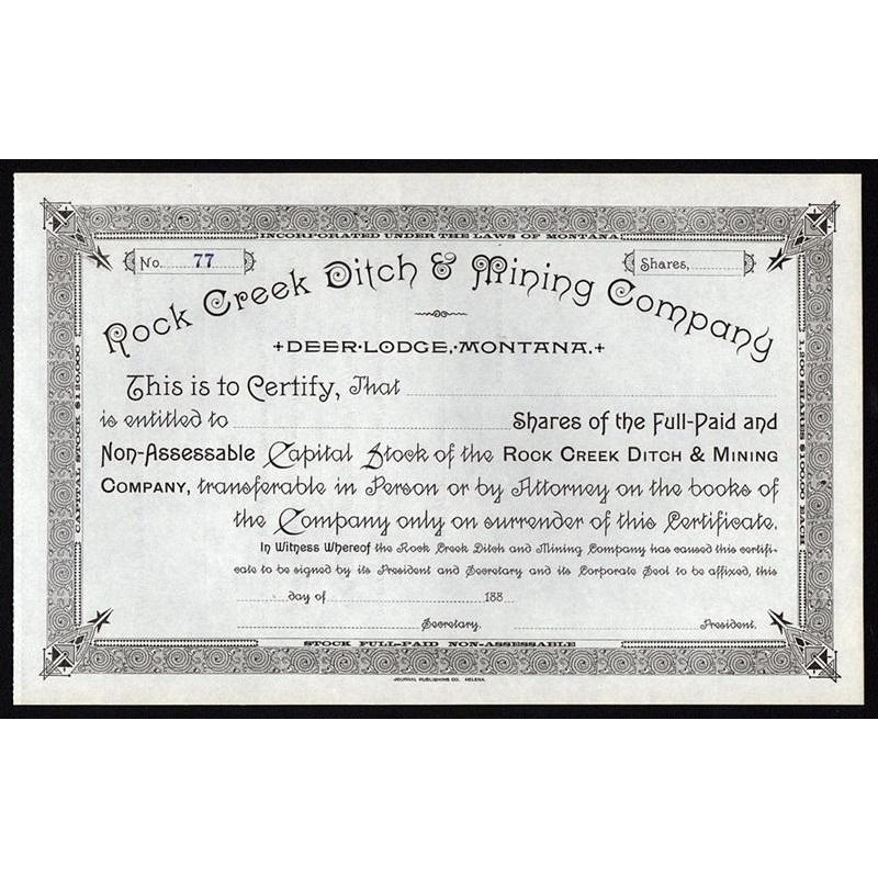 Rock Creek Ditch & Mining Company (Deer Lodge, Montana) Stock Certificate