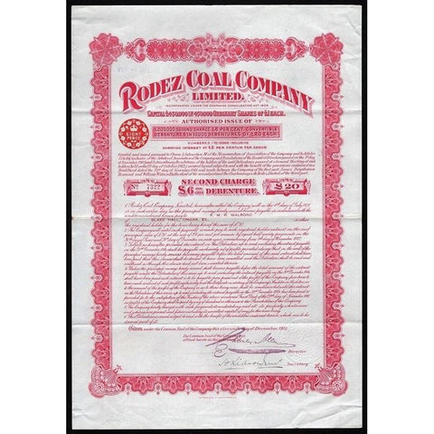 Rodez Coal Company Limited Stock Certificate