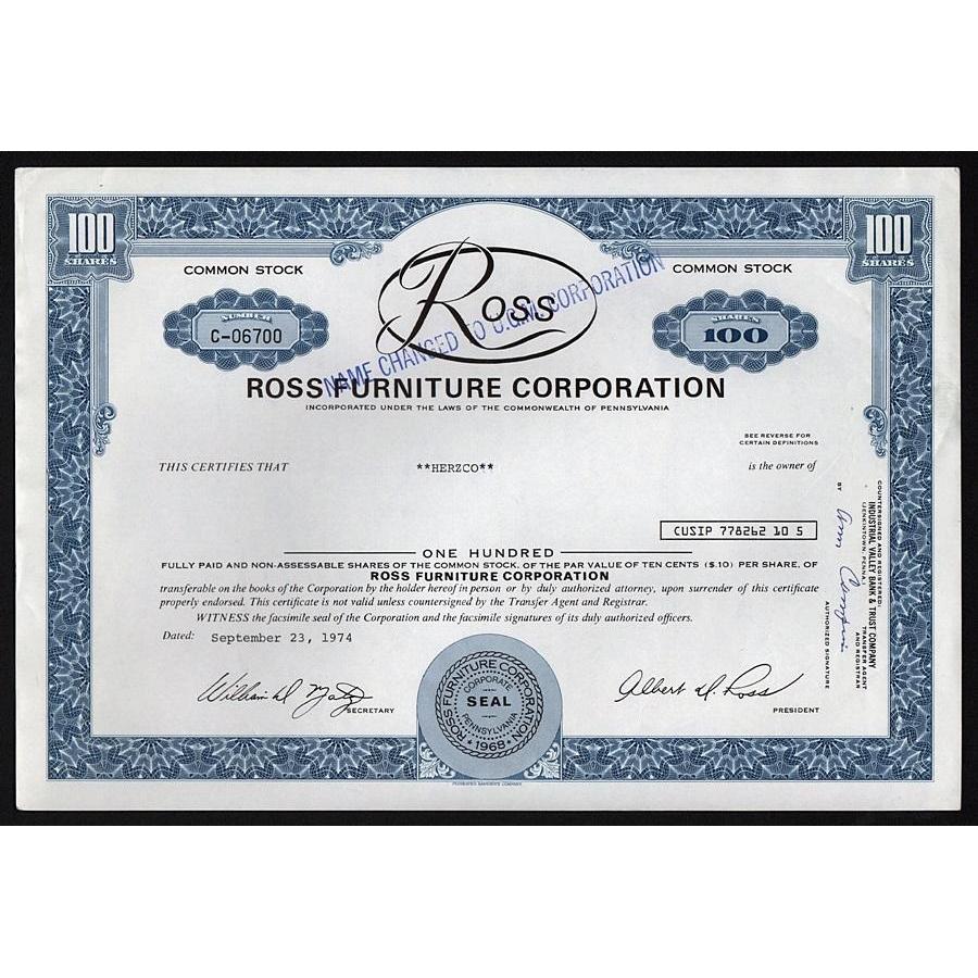 Ross Furniture Corporation Stock Certificate
