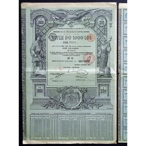 Roumanian Public Debt, 1000 Lei Stock Certificate