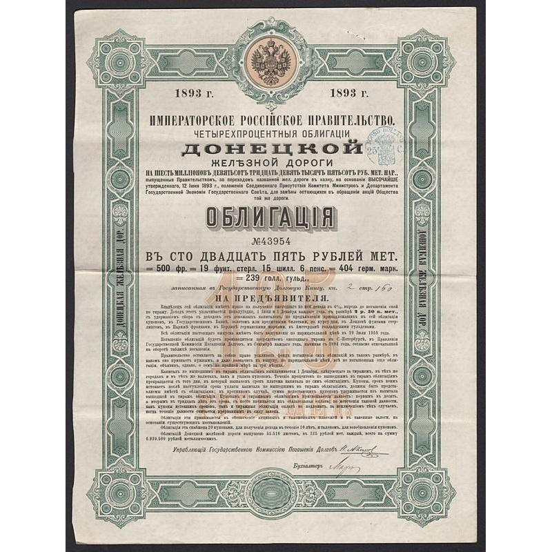 Russian Imperial Government, Donetz Railroad Stock Certificate